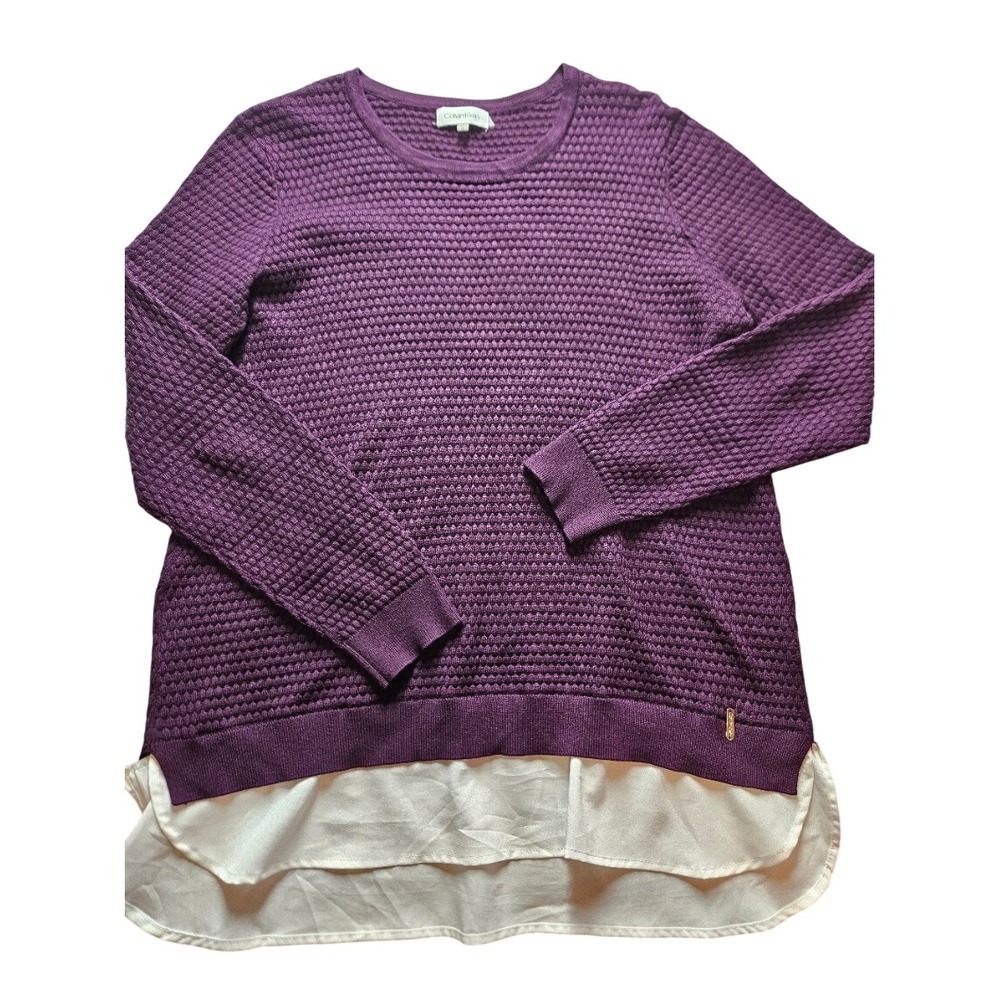 Calvin Klein Womens Textured Knit Layered Hem Sweater Purple Large M6735